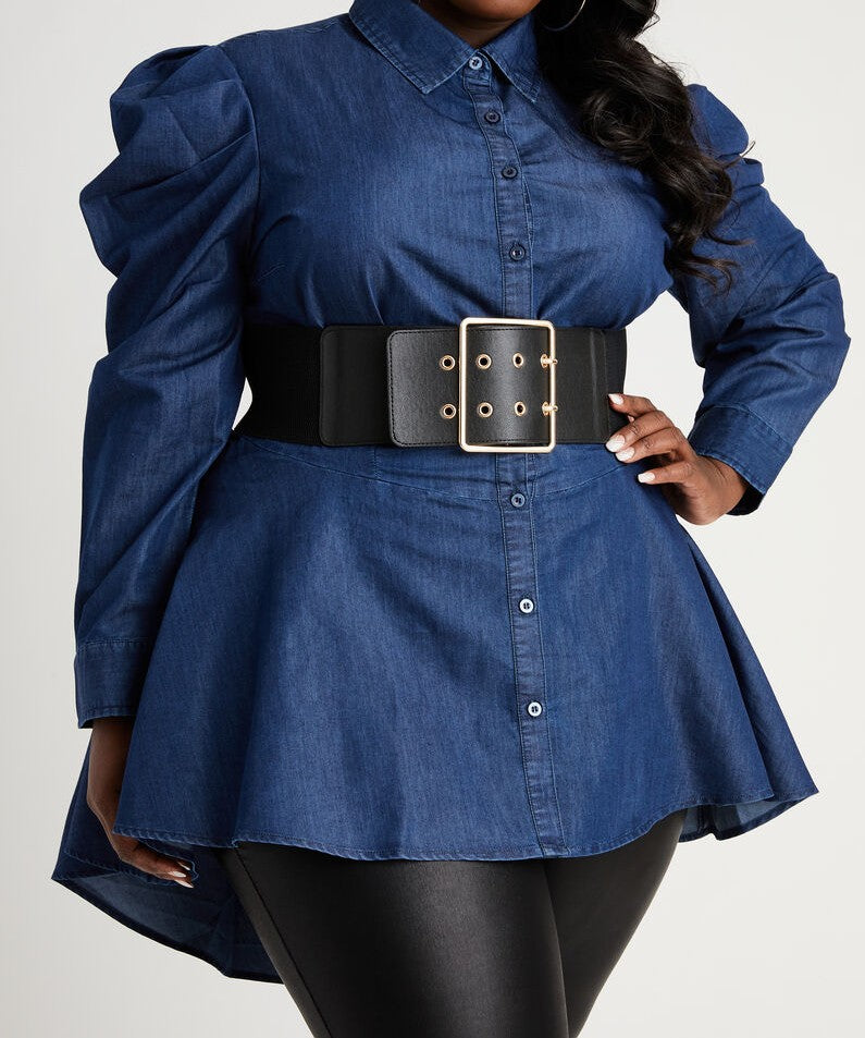 DENIM PUFF SLEEVE HI LOW DUSTER