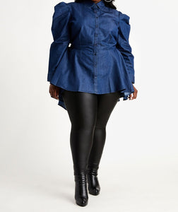 DENIM PUFF SLEEVE HI LOW DUSTER