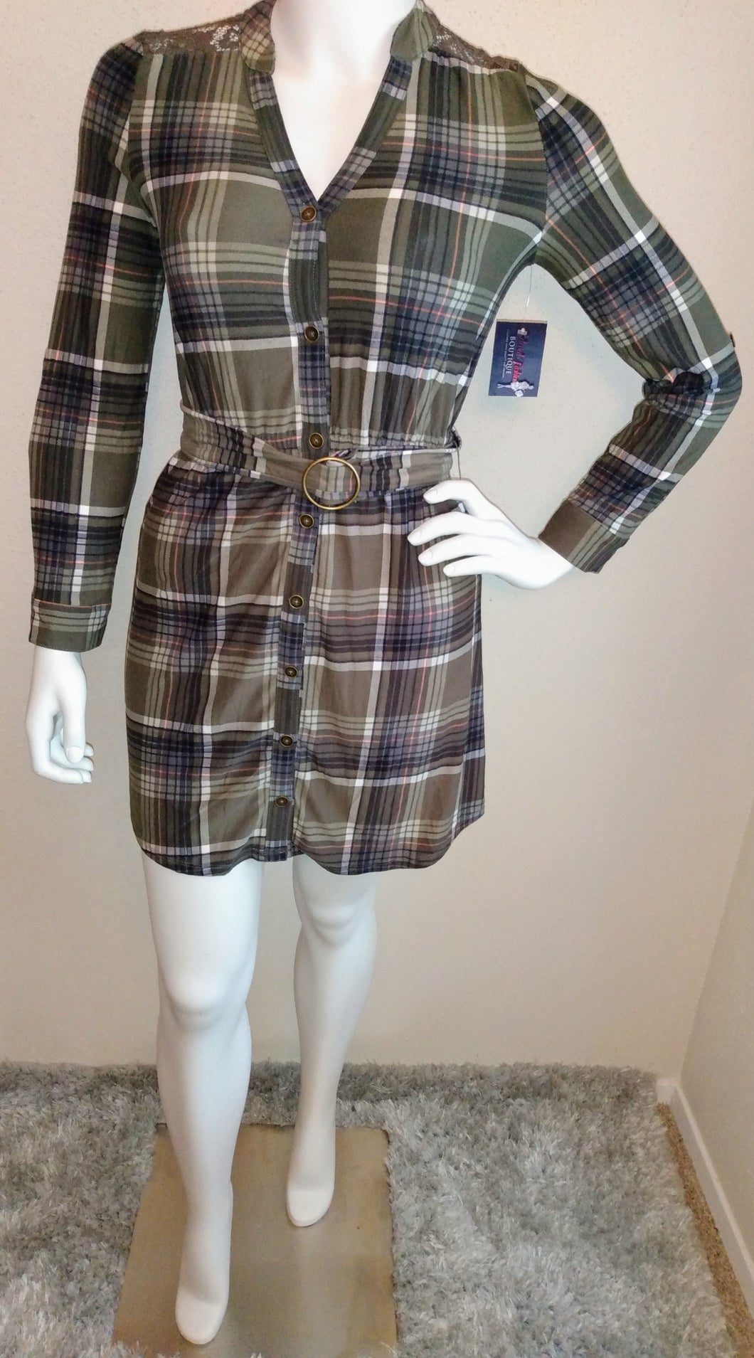 BELTED PLAID A-LINE DRESS